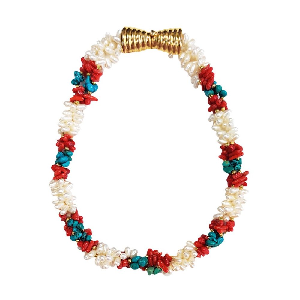Pearl, Red and Turquoise Cluster Necklace with Gold-Accent Clasp